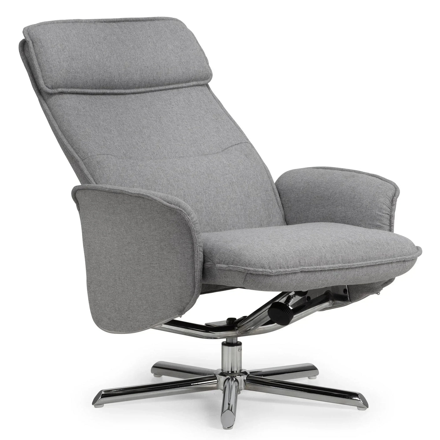 Light grey recliner chair with padded armrests and chrome swivel base, fully reclined