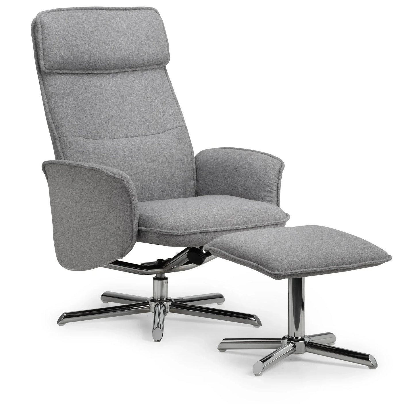 Grey recliner chair with matching footstool, fabric upholstery, chrome swivel base