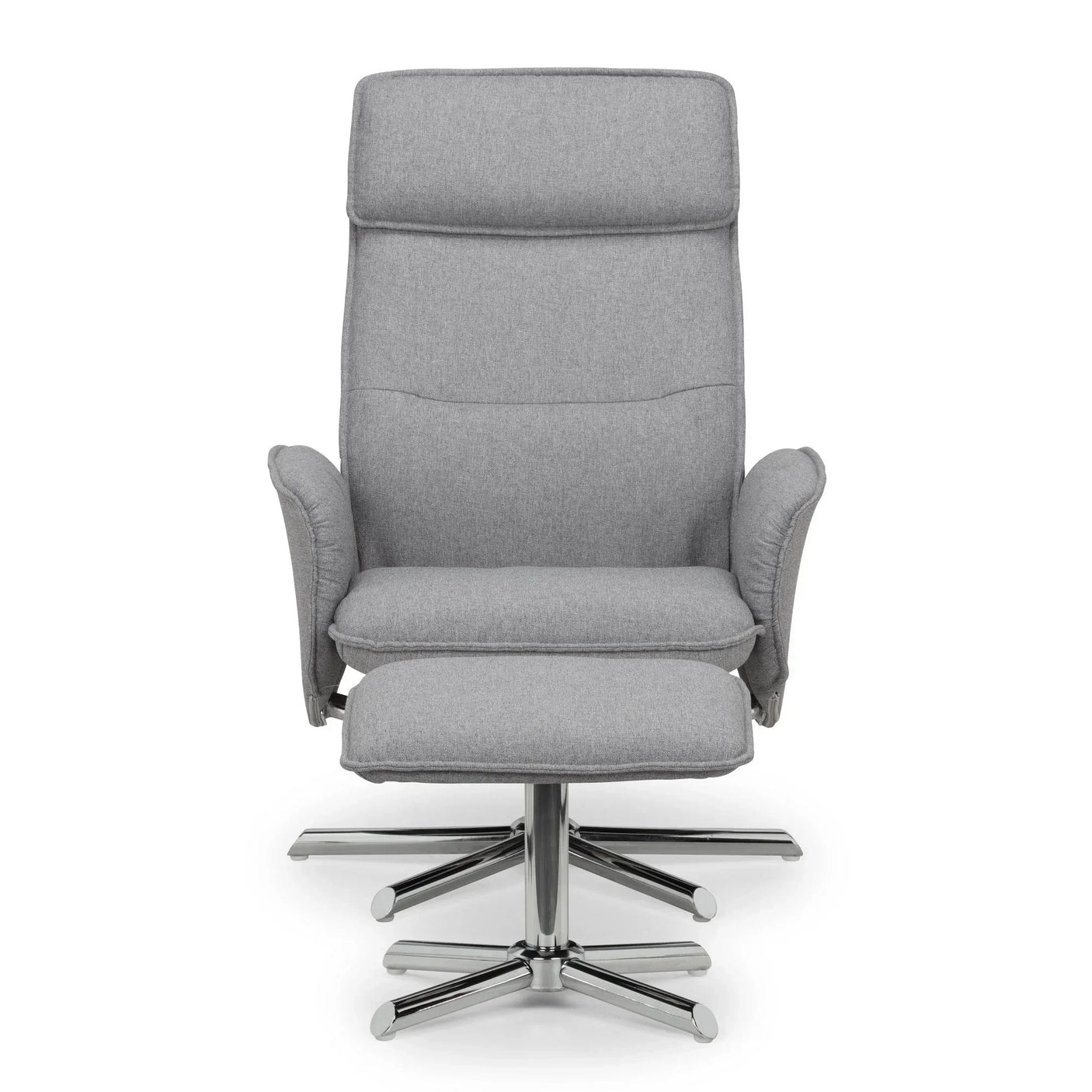Grey fabric recliner chair with matching footstool and chrome base, front view