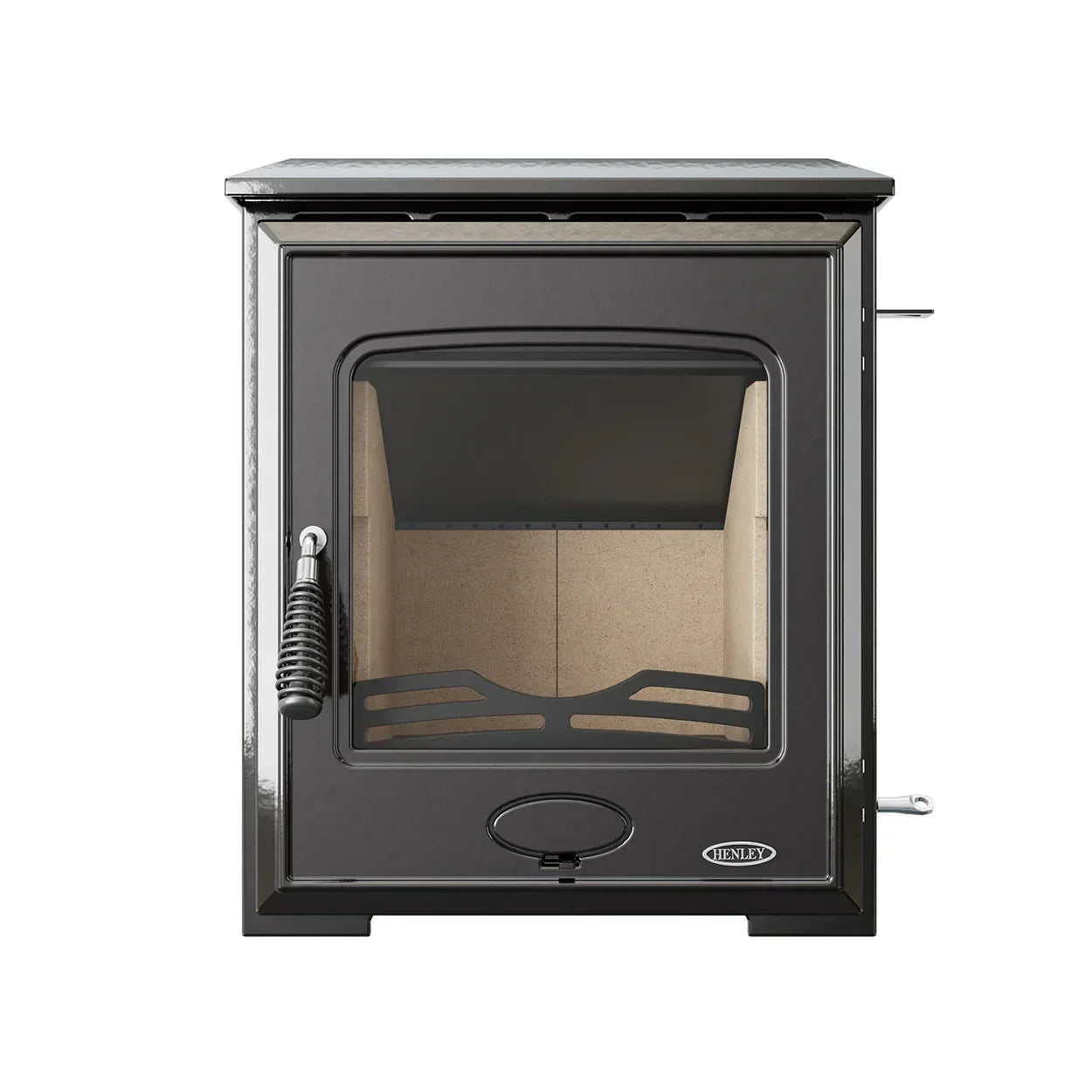 black eco wood burning stove with glass front and chrome handle, front facing view