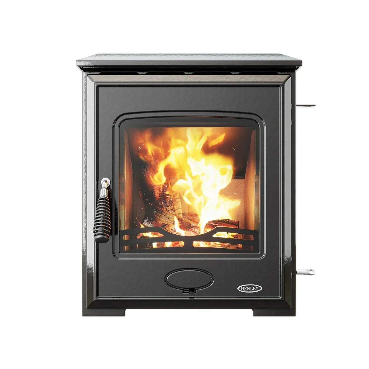 Black eco wood burning stove with glass front and visible flame, straight-on view
