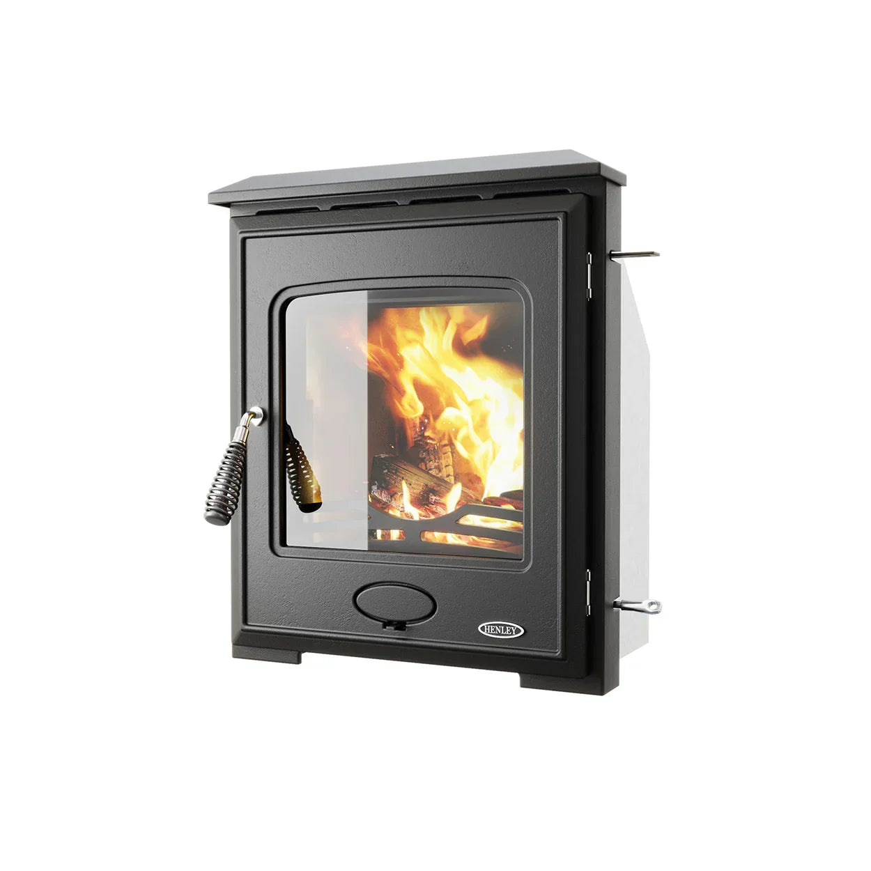 Black eco wood burning stove with glass front showing flames, right side angle view