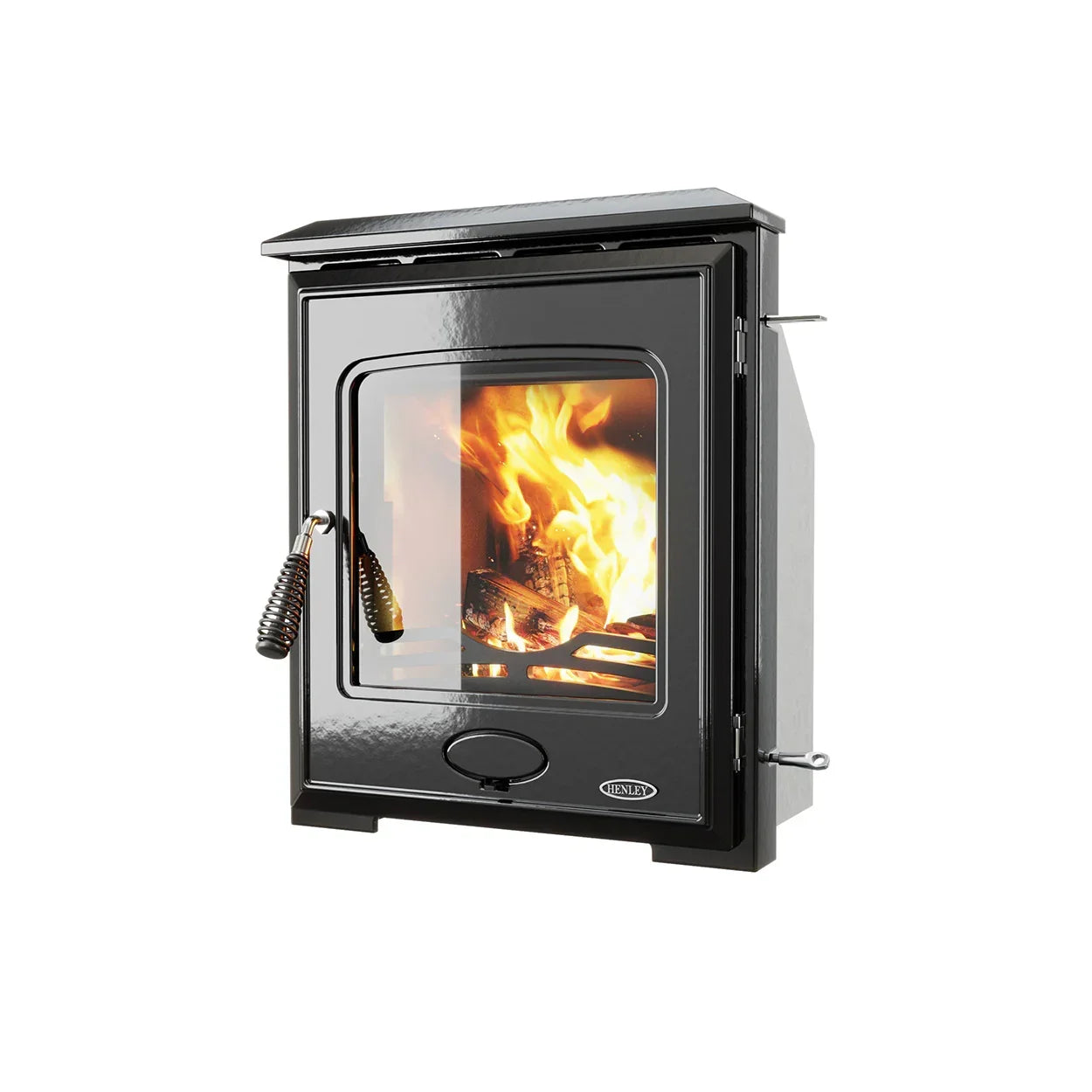 Black wood burning stove with glass door and fire inside, angled front view