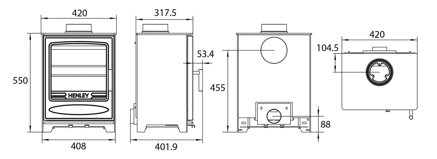 Ascot 5 wood burning stove technical drawing with dimensions shown from three angles
