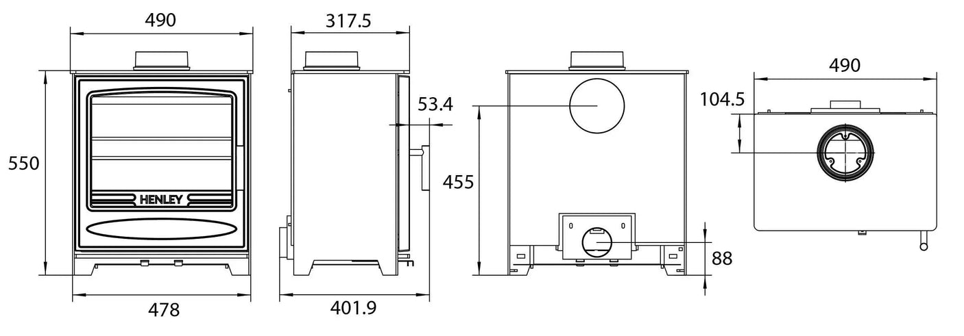 Henley stove technical drawing showing dimensions and stove features from multiple angles