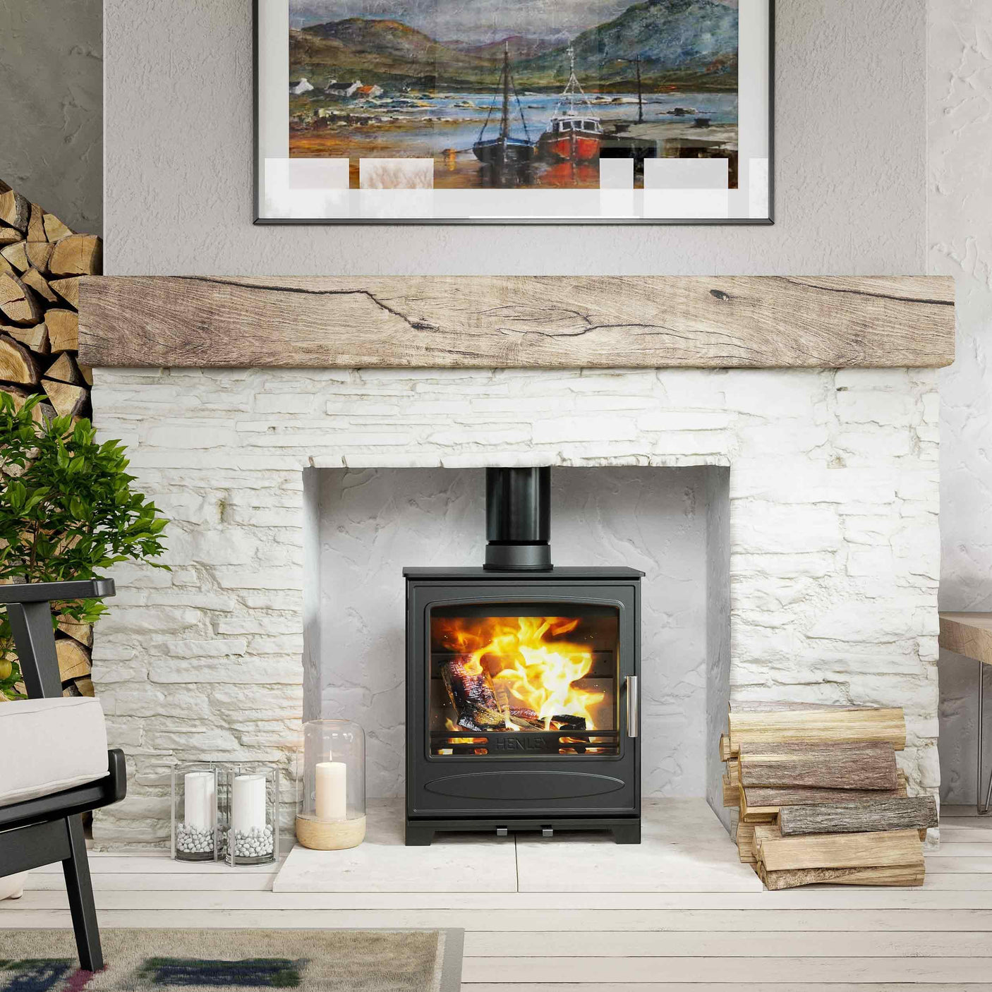 Black wood burning stove with visible flames in stone fireplace with log storage