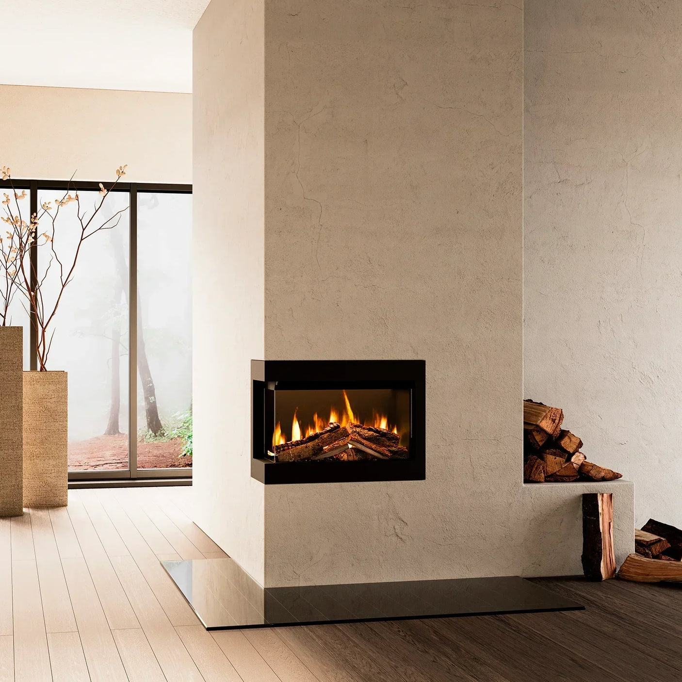 Modern corner fireplace with glass front in a minimalist living room with wood flooring