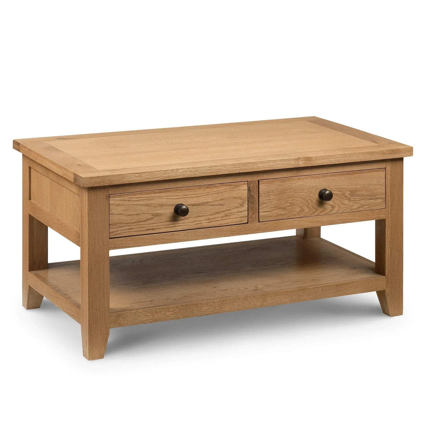 Oak coffee table with two drawers and lower shelf, natural wood finish, angled view