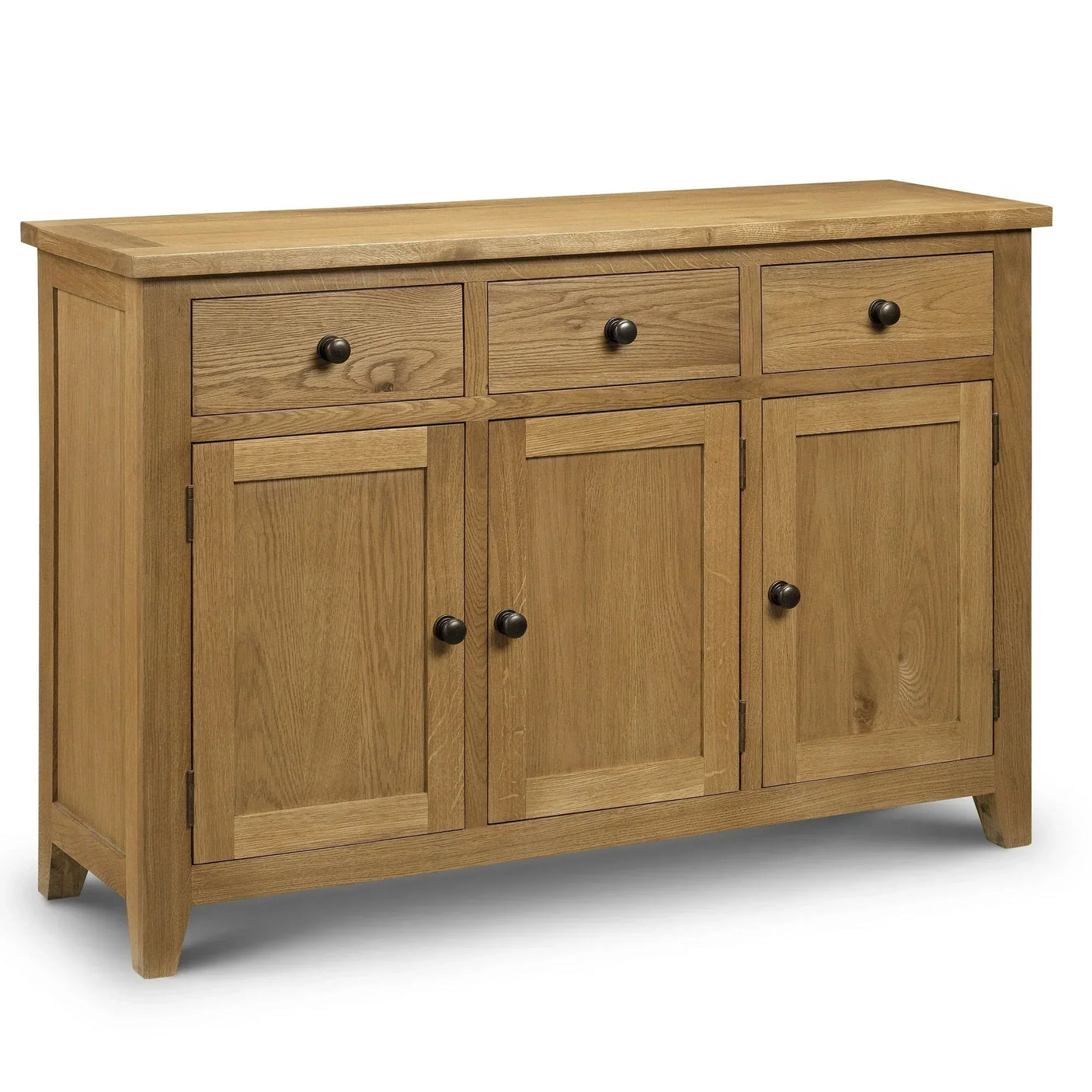 Oak sideboard with three drawers and three cabinet doors, black knobs, natural finish