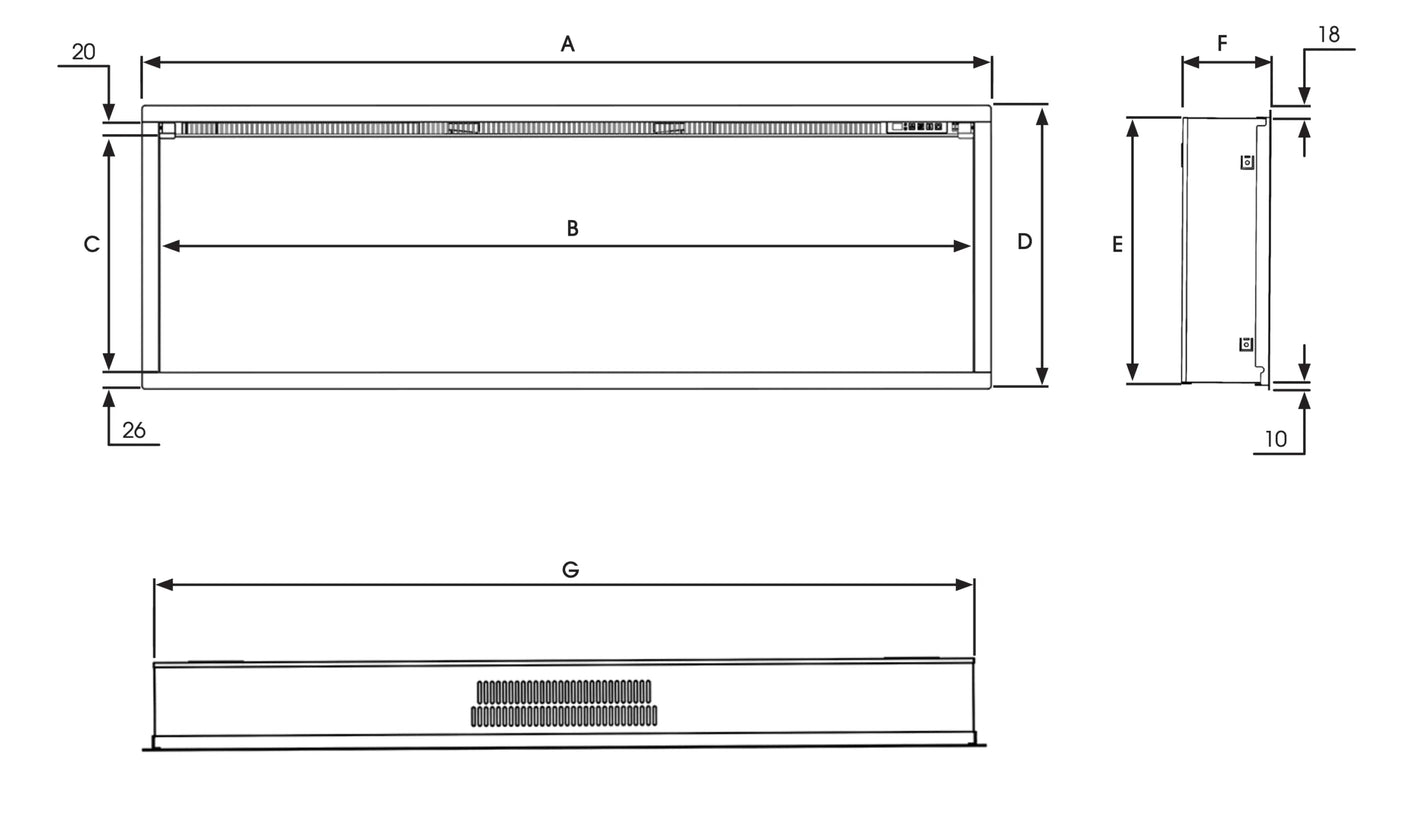 Atmos electric fire with a sleek design and dimensions for easy installation.