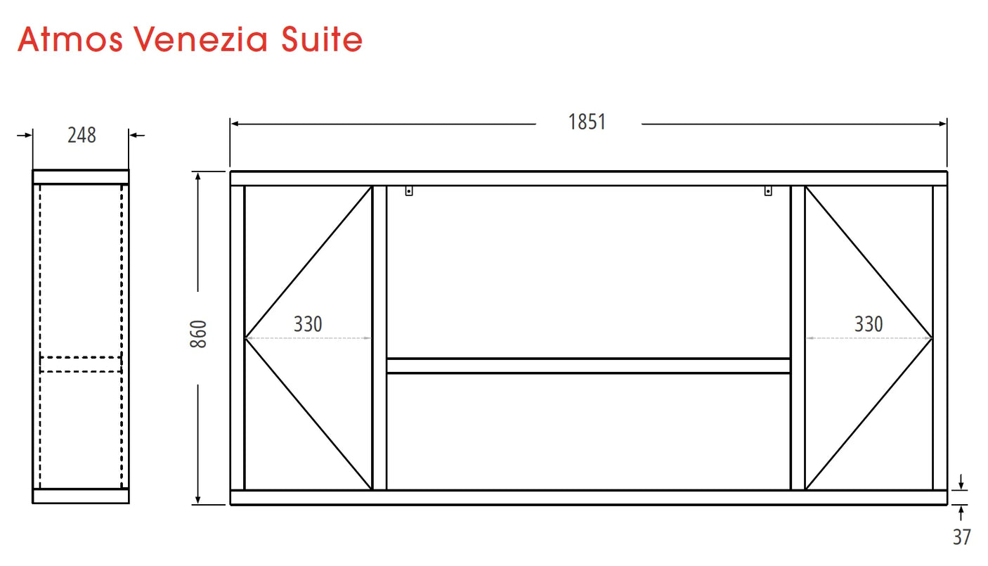 Electric fire unit with dimensions and design details for the Atmos Venezia Suite.
