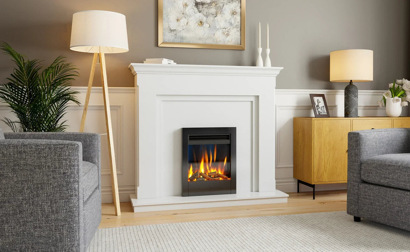 Modern living room with grey sofas, white fireplace, electric fire and wooden sideboard