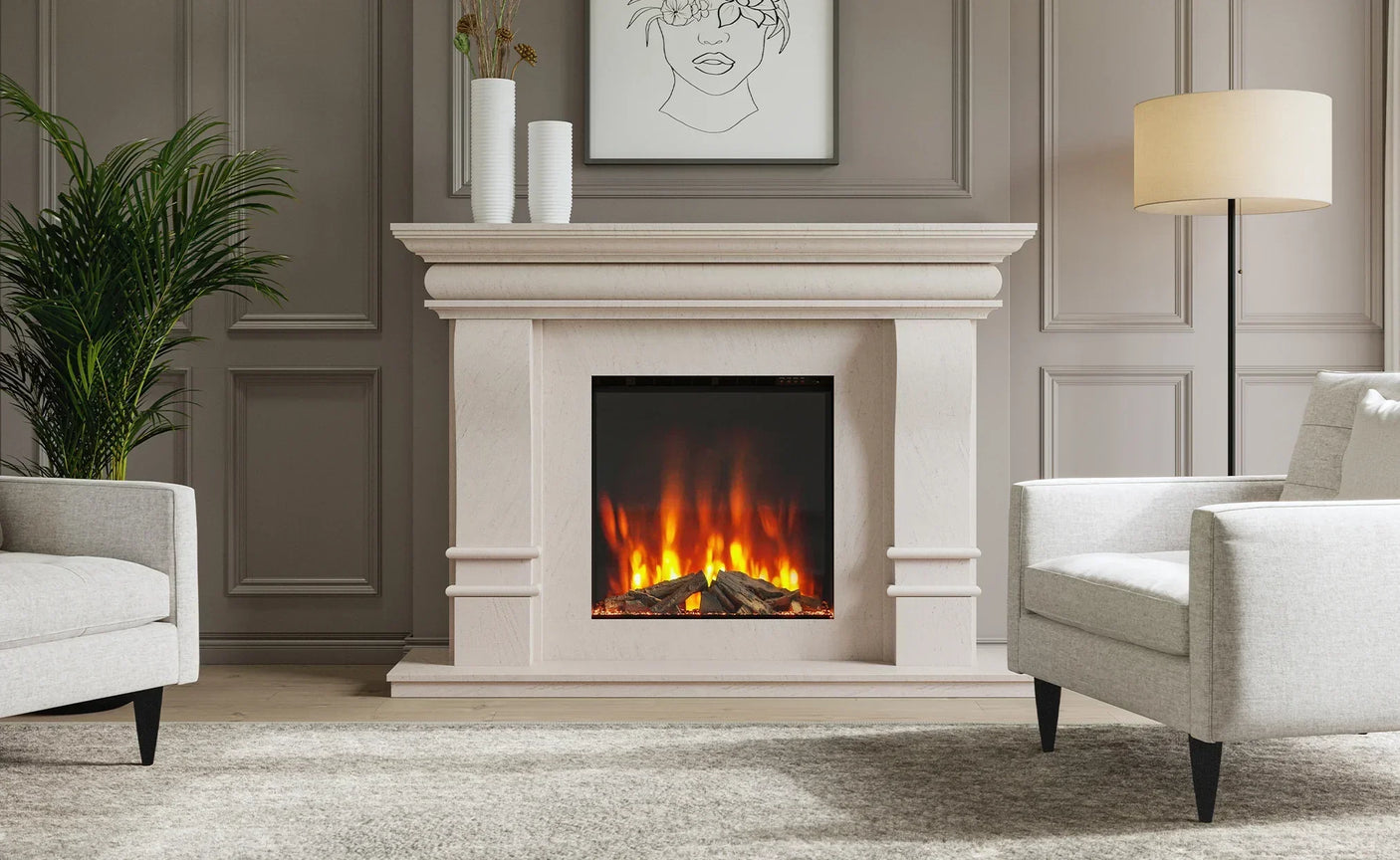 Modern electric fireplace suite with beige surround in a neutral living room setting