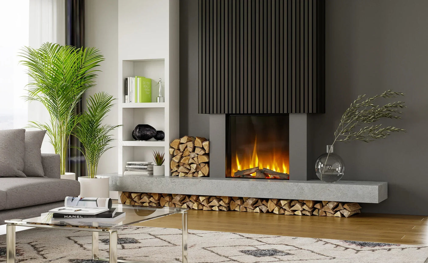 modern electric fireplace with stacked logs, grey concrete mantel, and contemporary decor