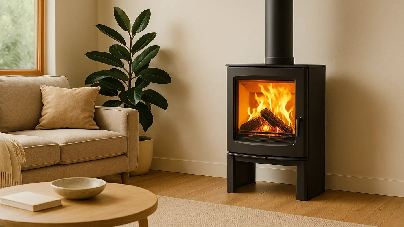 Modern black wood burning stove with fire beside beige sofa in cosy living room