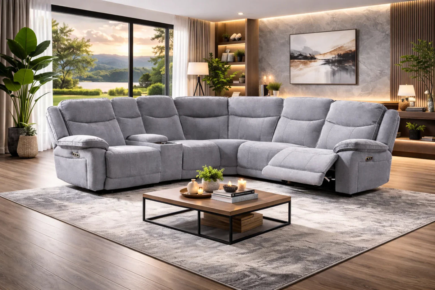 Grey fabric corner sofa with recliner feature in modern living room setting