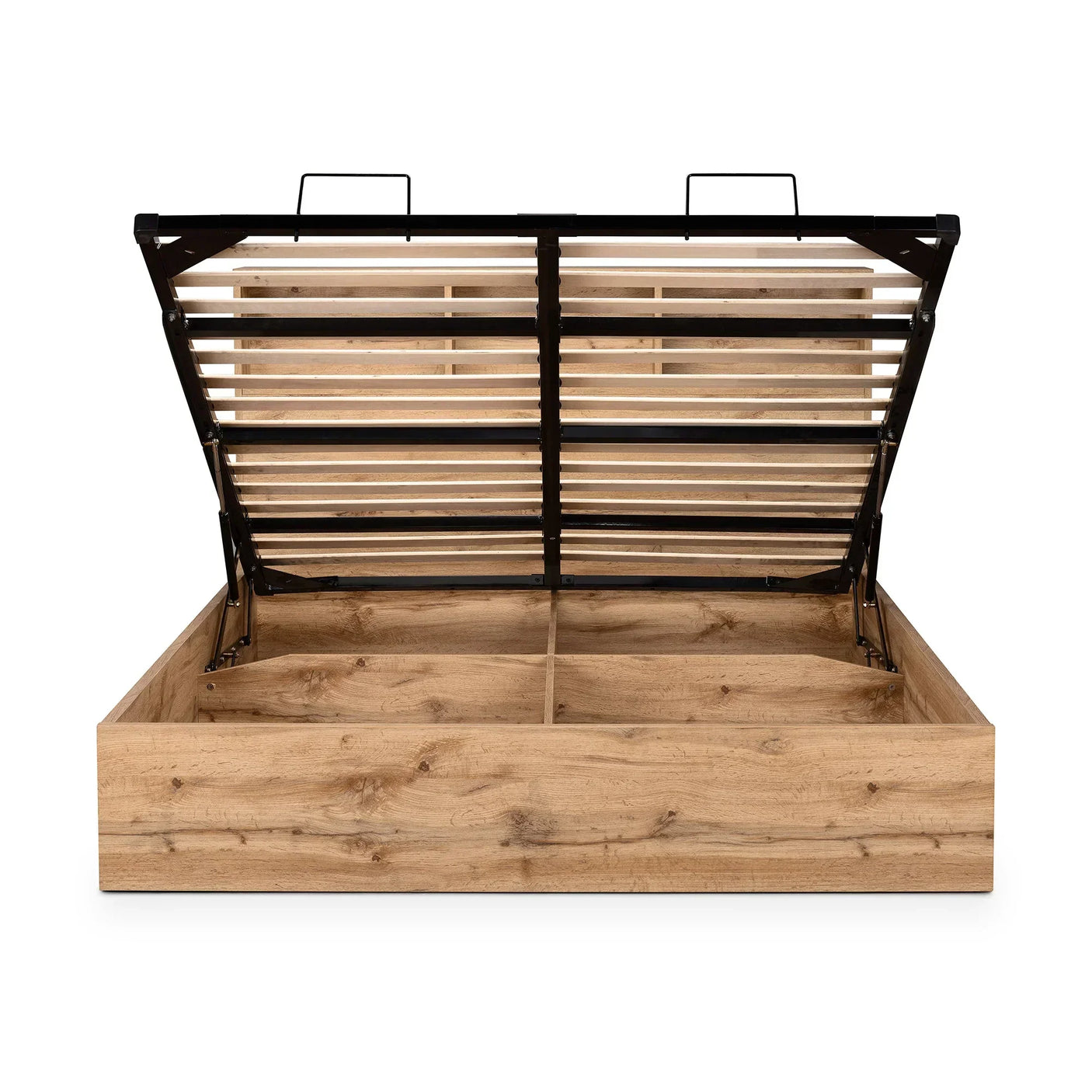 Natural oak ottoman storage bed with open lift-up slatted frame and underbed compartments