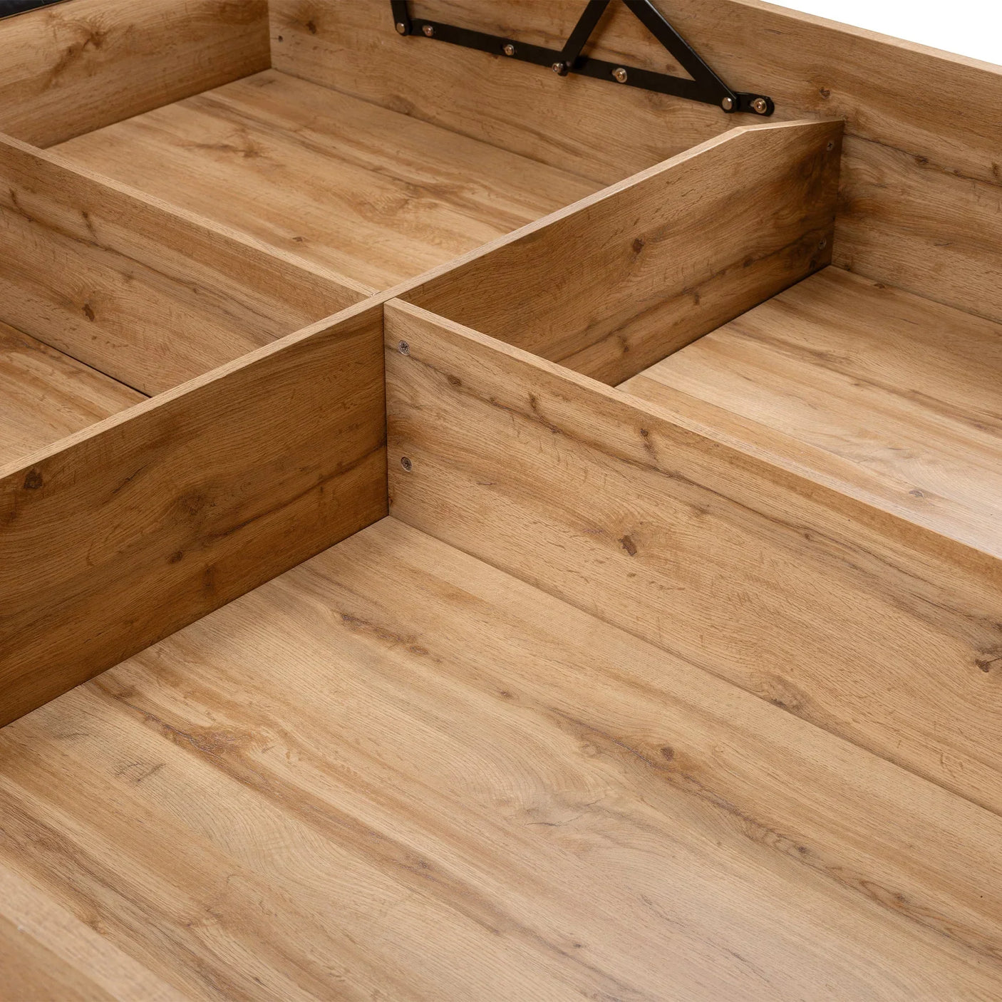 Natural oak ottoman storage bed with sectioned wooden interior compartments