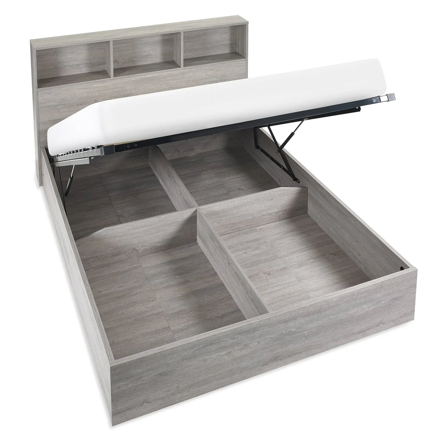 Grey oak storage double bed with open lift-up base and built-in headboard shelving compartments