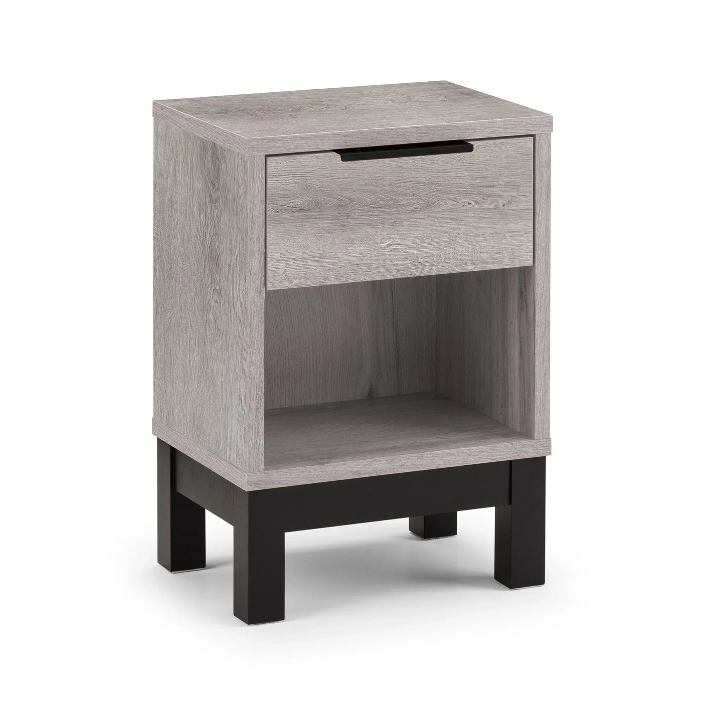 Grey oak bedside table with one drawer, open shelf, and black legs on white background