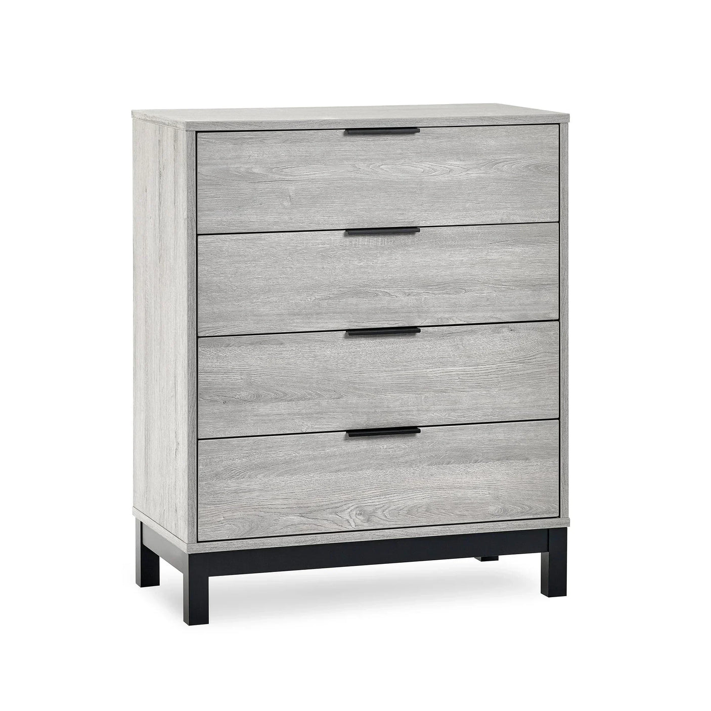 Grey oak 4 drawer chest with black handles on black legs, front angle view