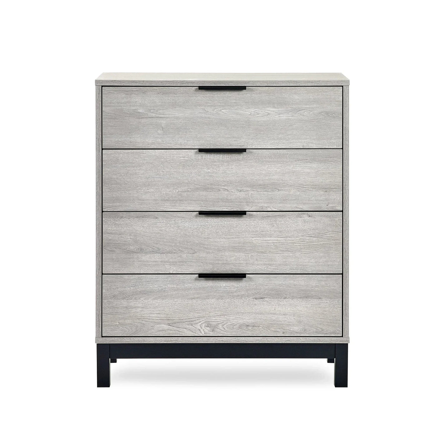 Grey oak four drawer chest with black handles and legs, front view on white background