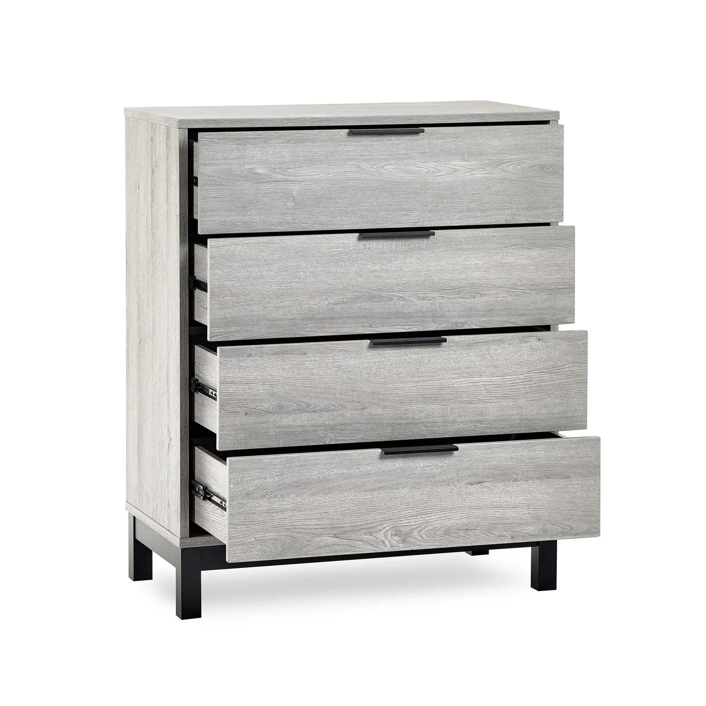 Grey oak four drawer chest with black handles and metal legs, drawers open