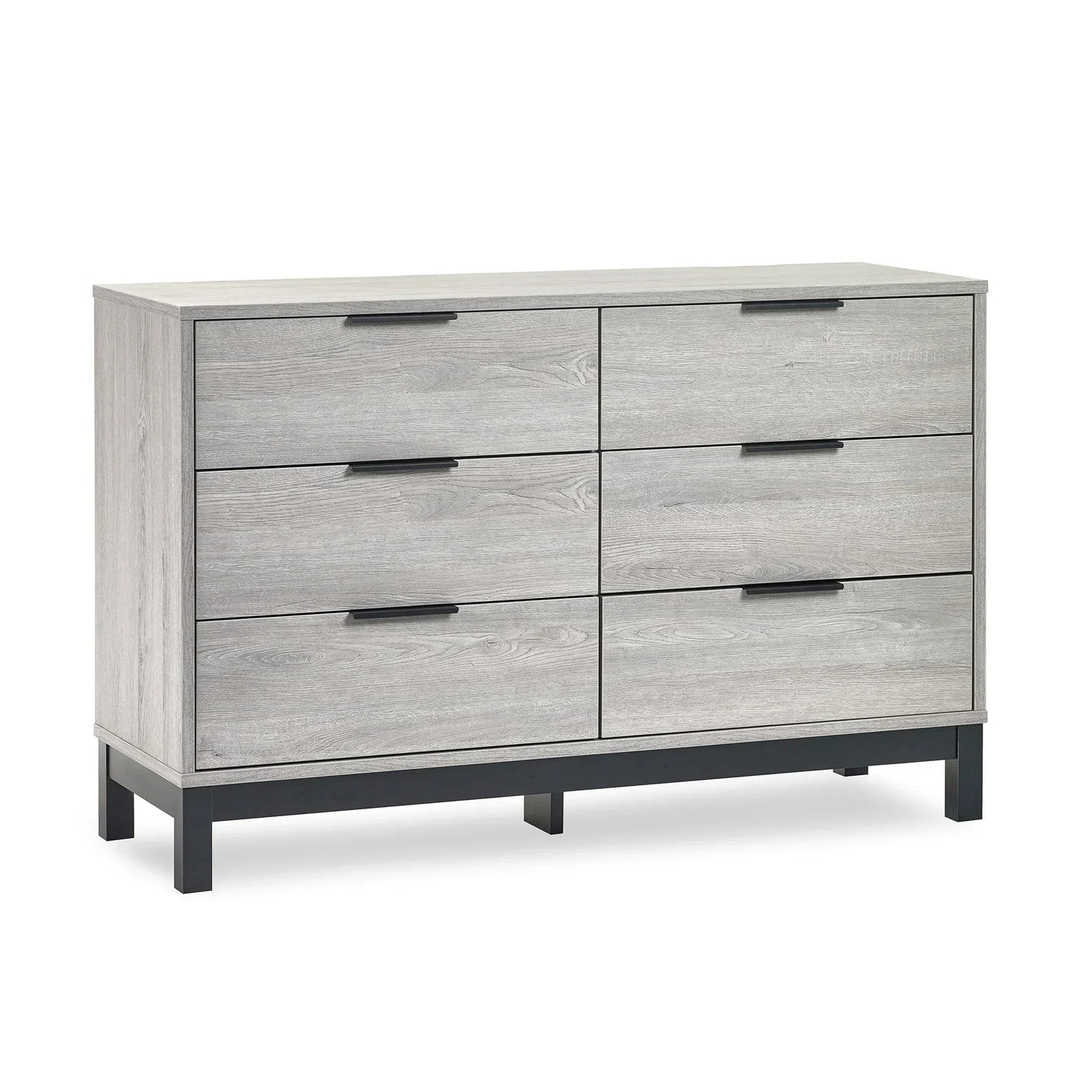 Light grey wood 6 drawer wide chest with black handles and metal legs
