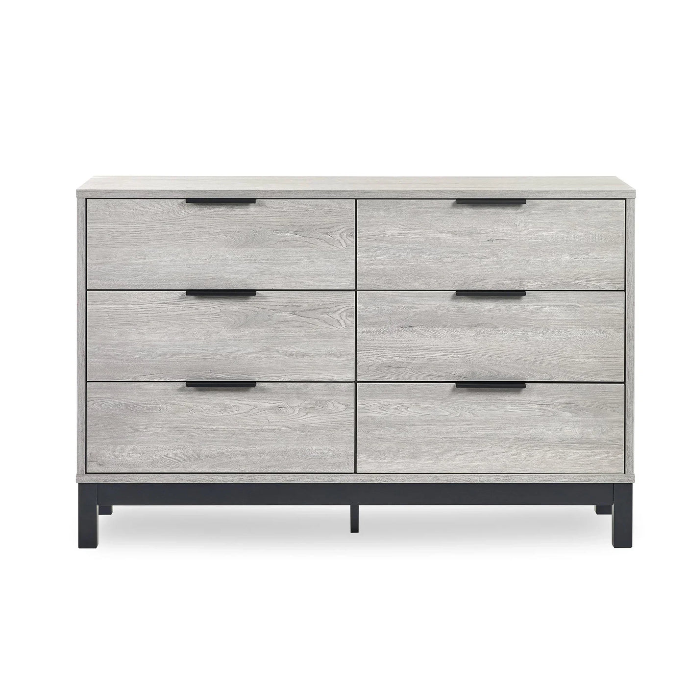 Grey six drawer wide chest with black handles and metal frame, front view