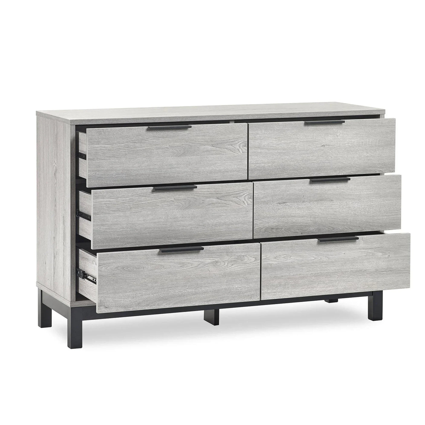 Light wood chest of drawers with six wide drawers, black handles and legs, some drawers open
