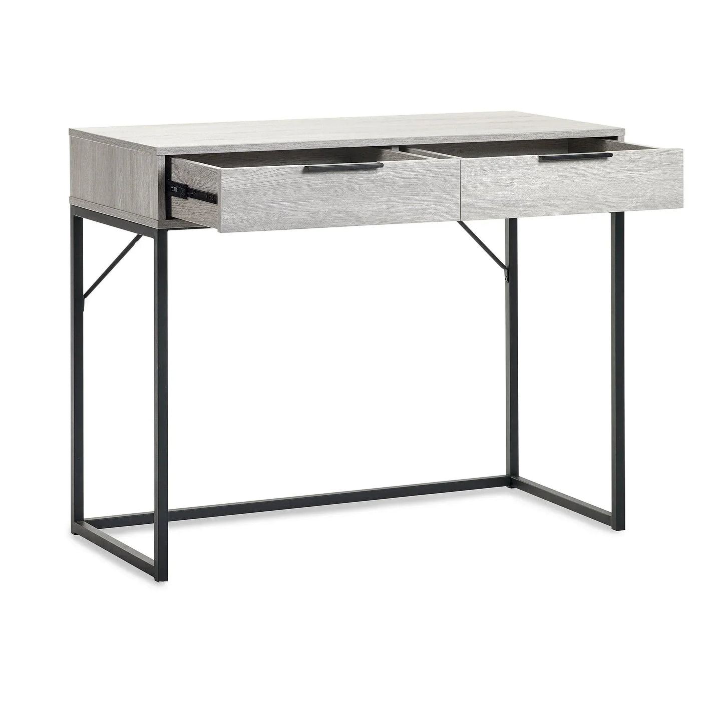 Grey oak dressing table desk with two open drawers and black metal frame