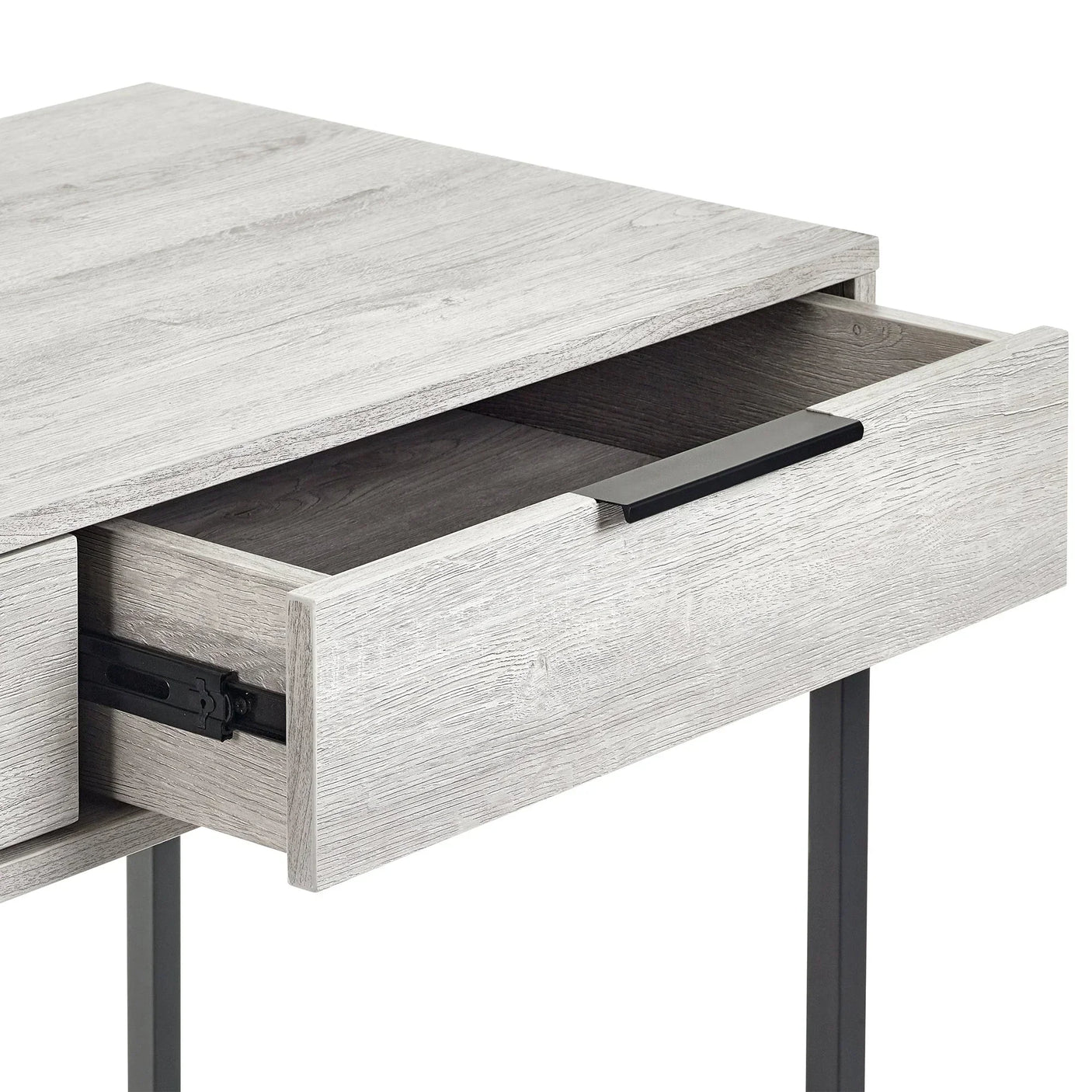 Grey oak dressing table desk corner with open drawer and black metal handle