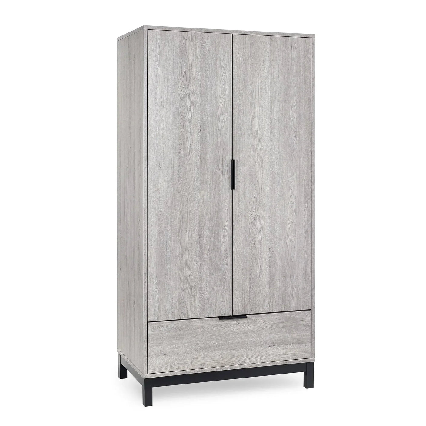Light grey wood wardrobe with two doors, single bottom drawer and black handles