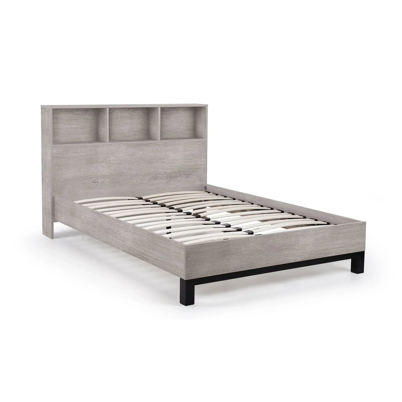 Grey oak double bed frame with slatted base and three headboard storage shelves