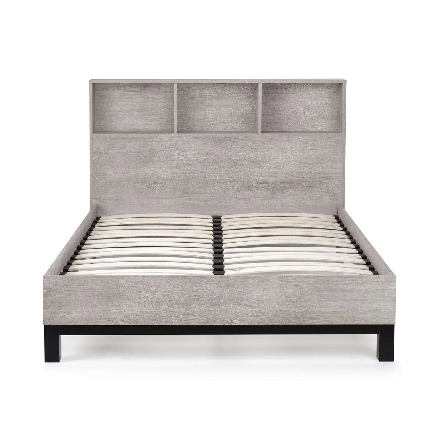 Grey oak double bed frame with slatted base and headboard storage shelves front view