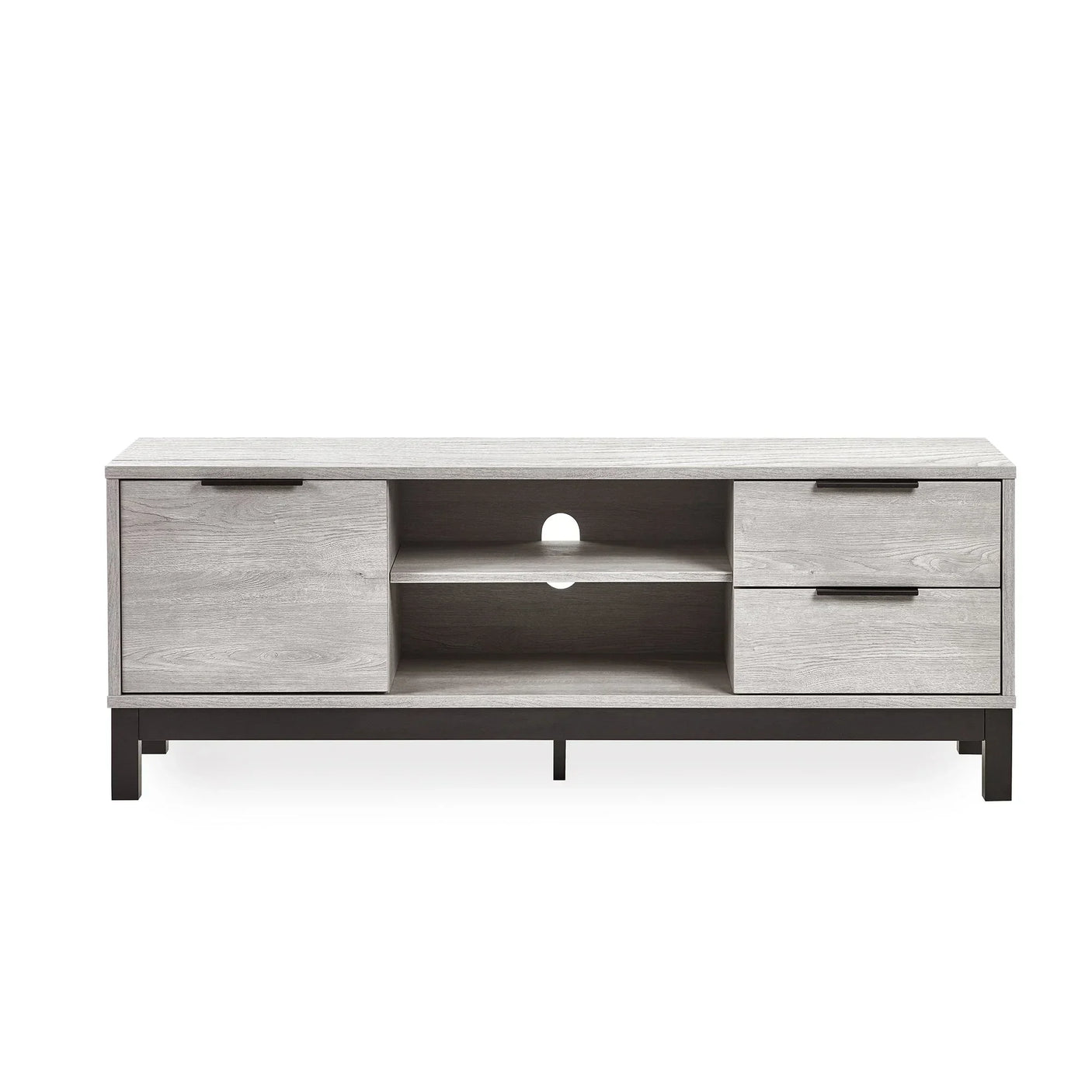 Grey oak TV unit with two drawers, cabinet, open shelves, and black metal legs