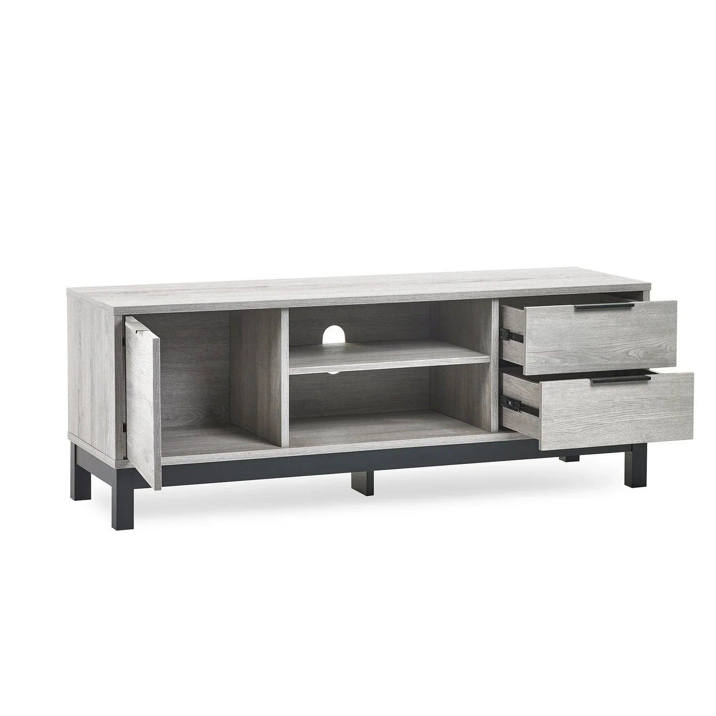 Grey oak TV unit with open shelves, two drawers, and left cupboard on black legs