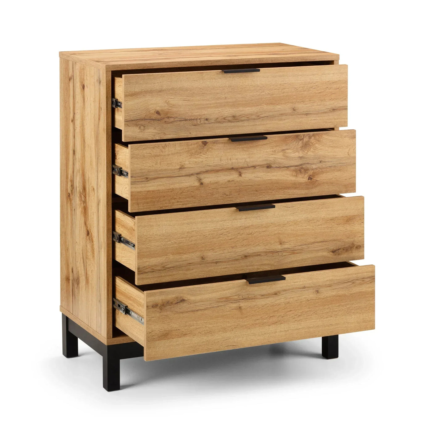 Oak effect four drawer chest with black metal legs and all drawers open, front view