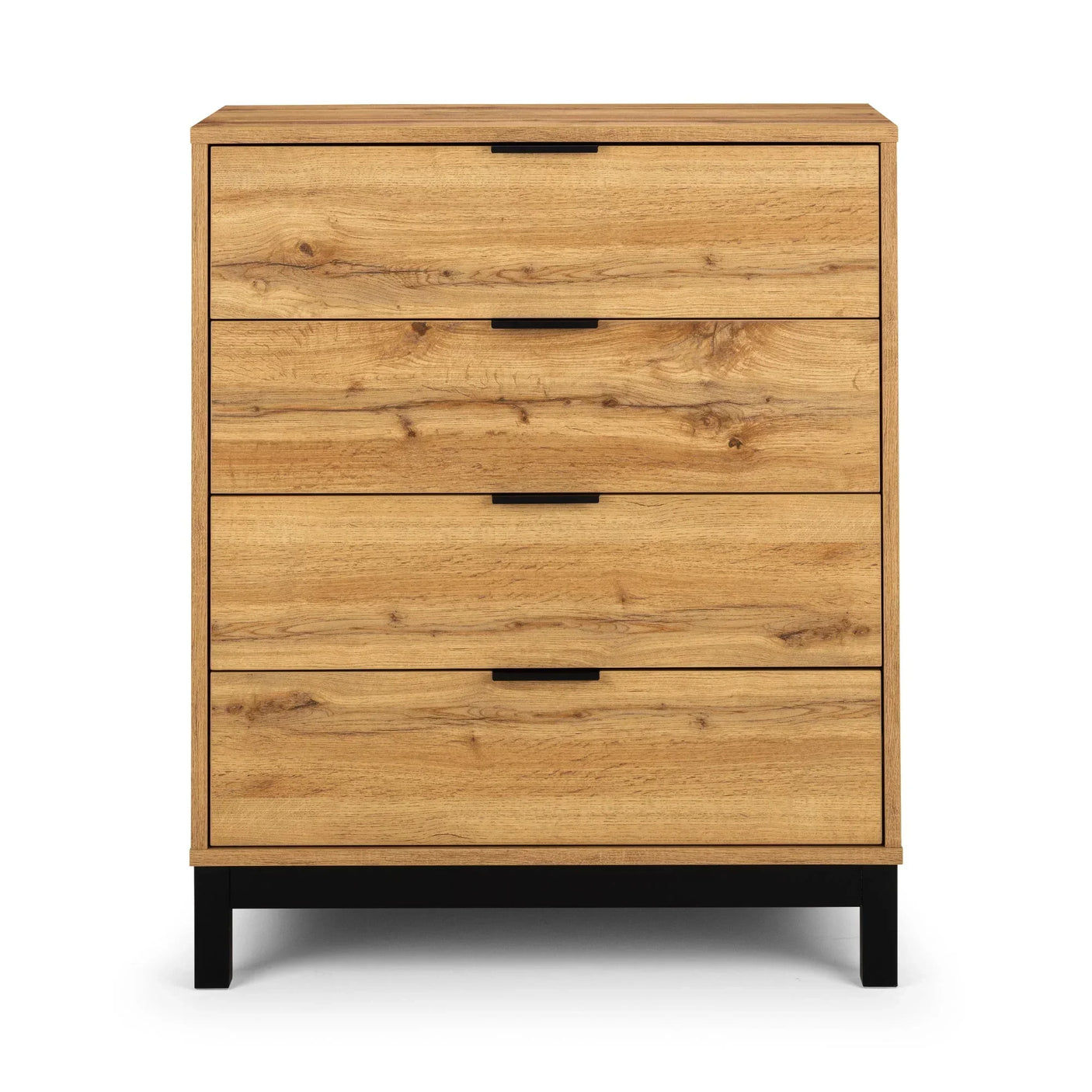 Oak four drawer chest with black handles and legs, front view