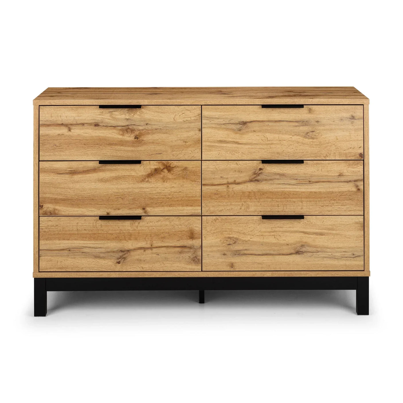 Oak effect six drawer chest with black handles and legs, front view on white background