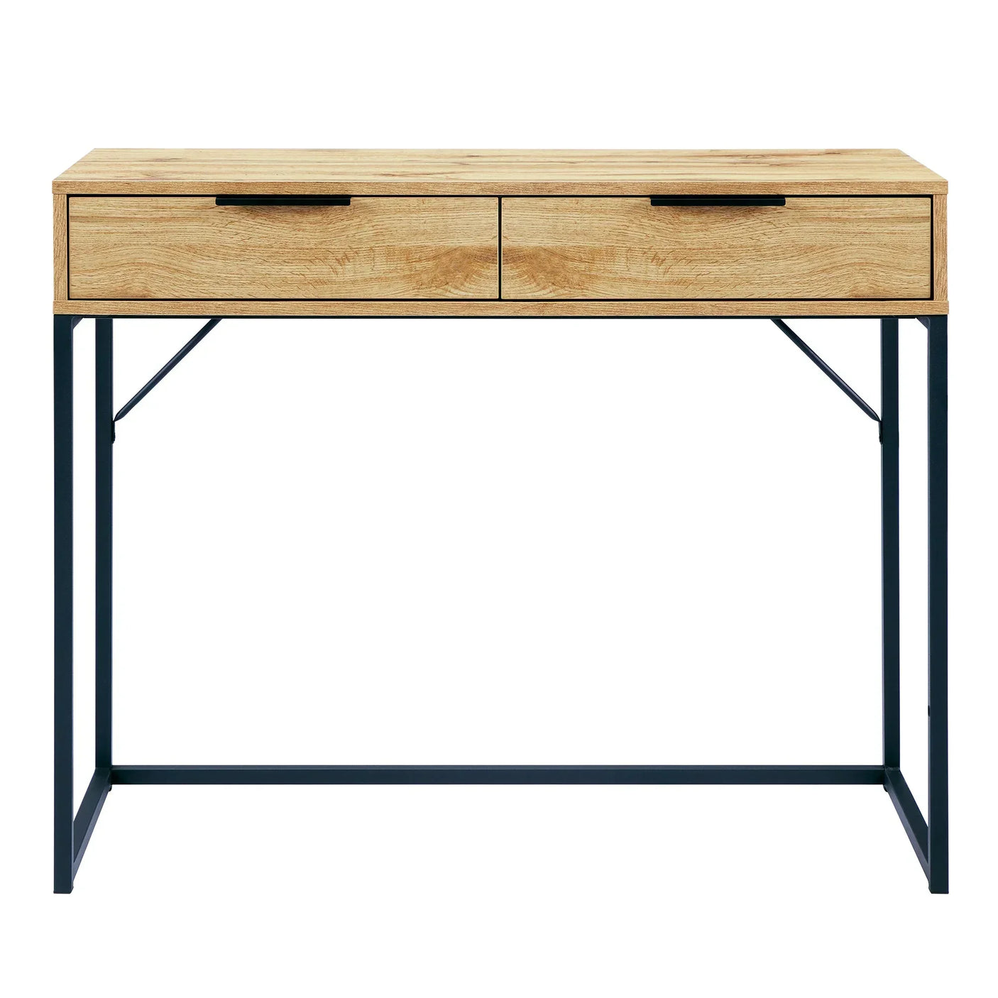 Bali dressing table desk with natural wood finish and black metal legs, front view