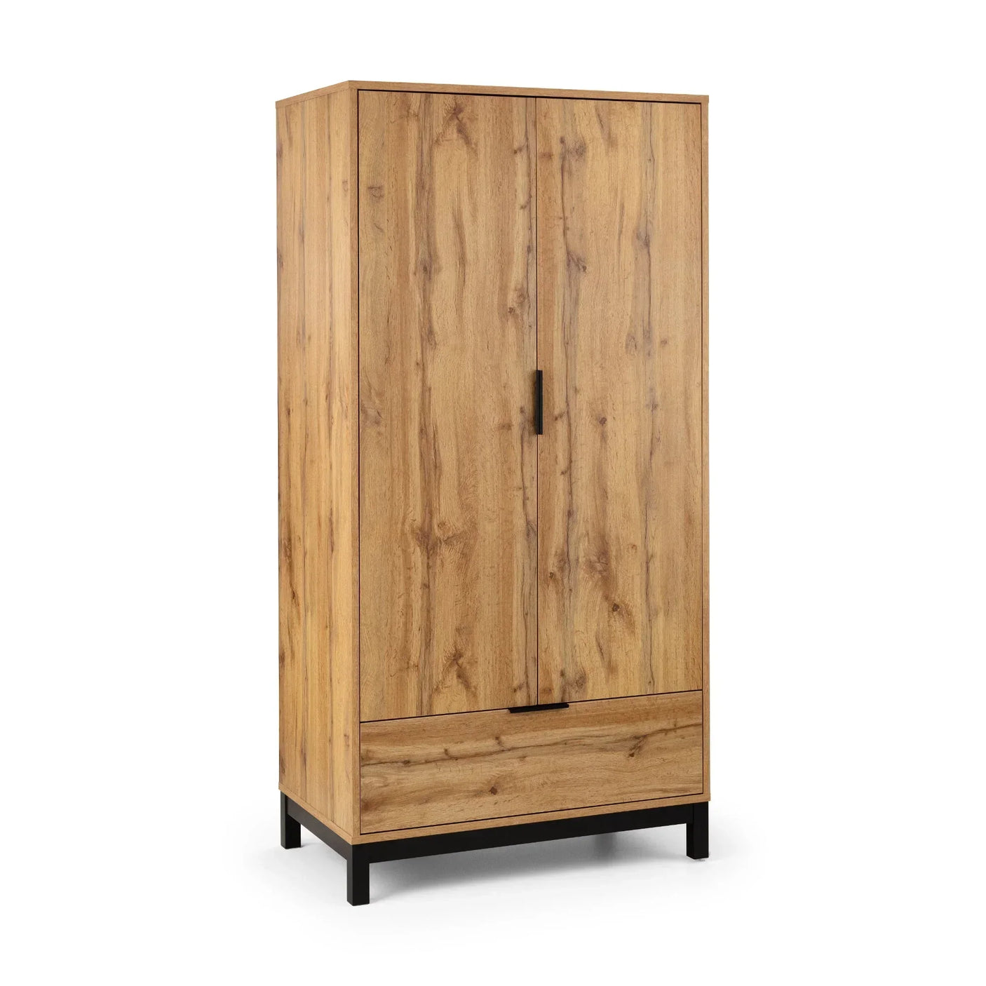 Oak effect two door wardrobe with black handles and lower drawer on black legs