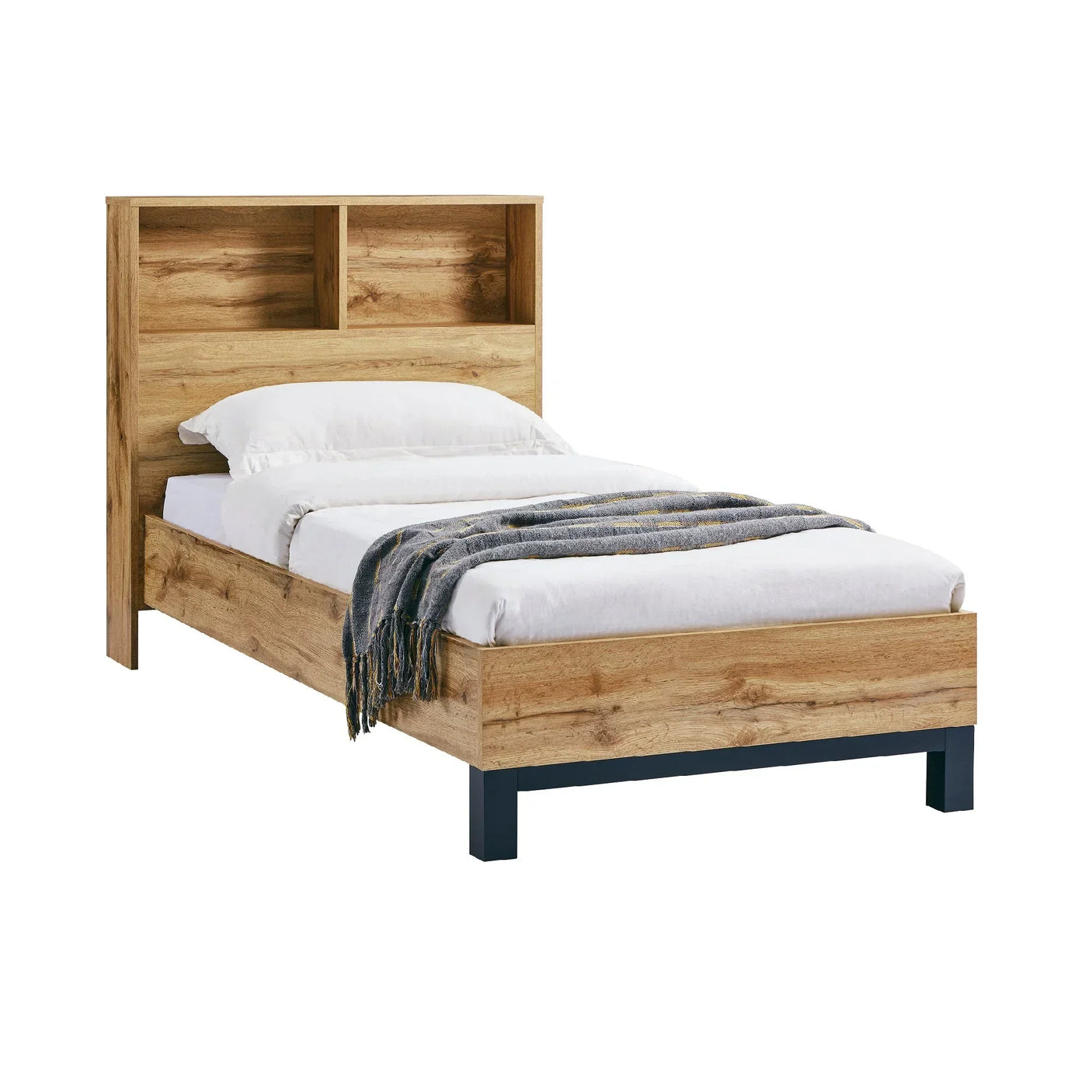 Oak single bed with headboard shelf, white bedding, folded blanket, angled front view