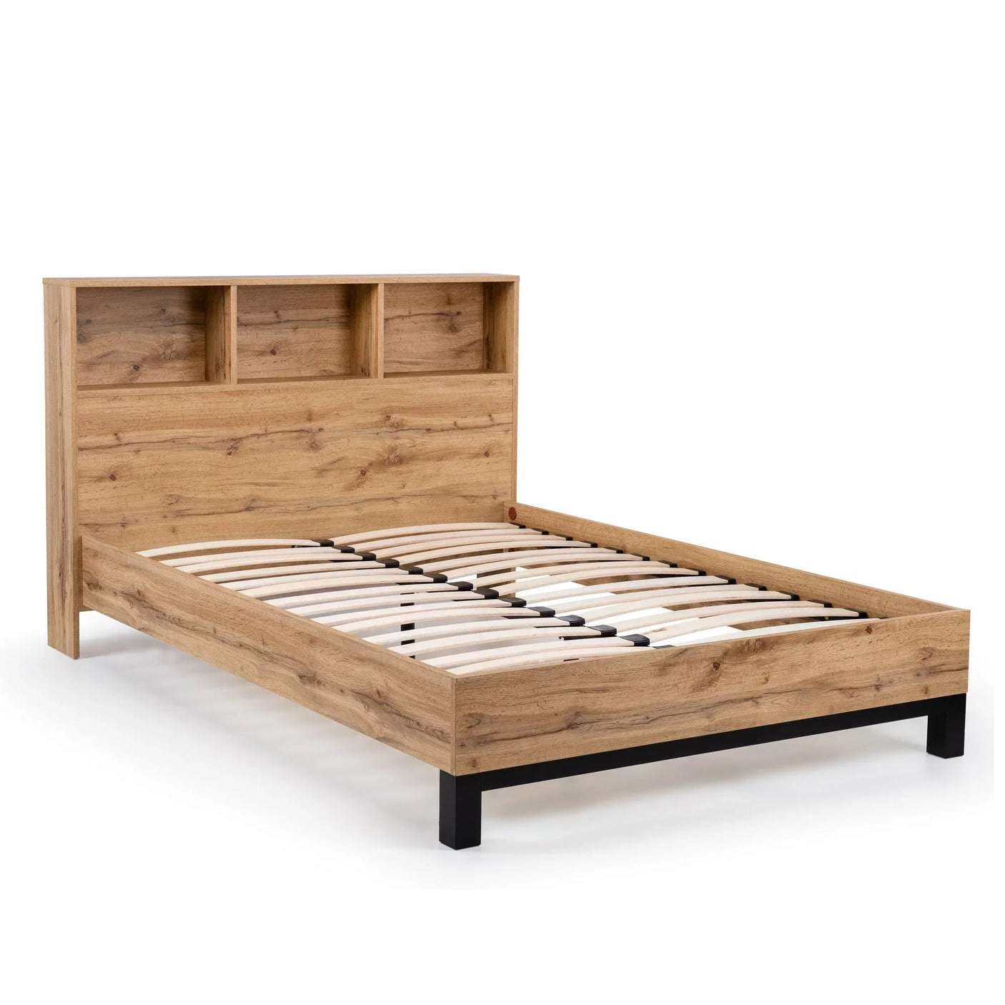 Wooden double bed frame with open storage headboard and black legs, side angle view