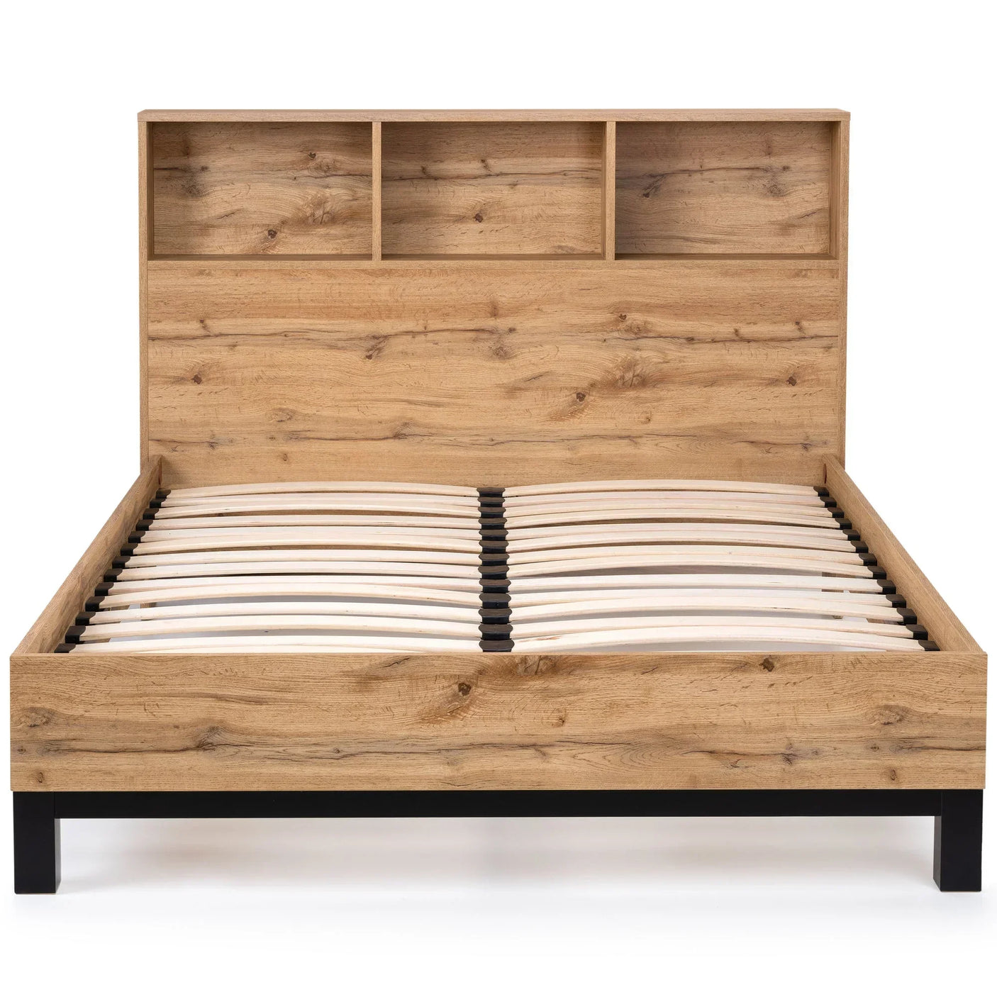 Oak effect double bed frame with bookcase headboard and black metal legs, front view