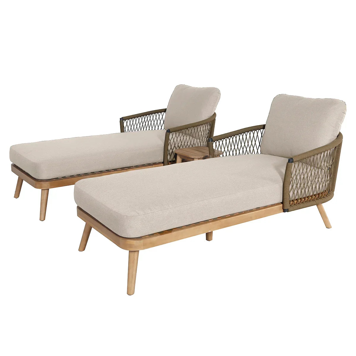 Pair of outdoor lounge sofas with beige cushions and woven rope arms on wooden frames