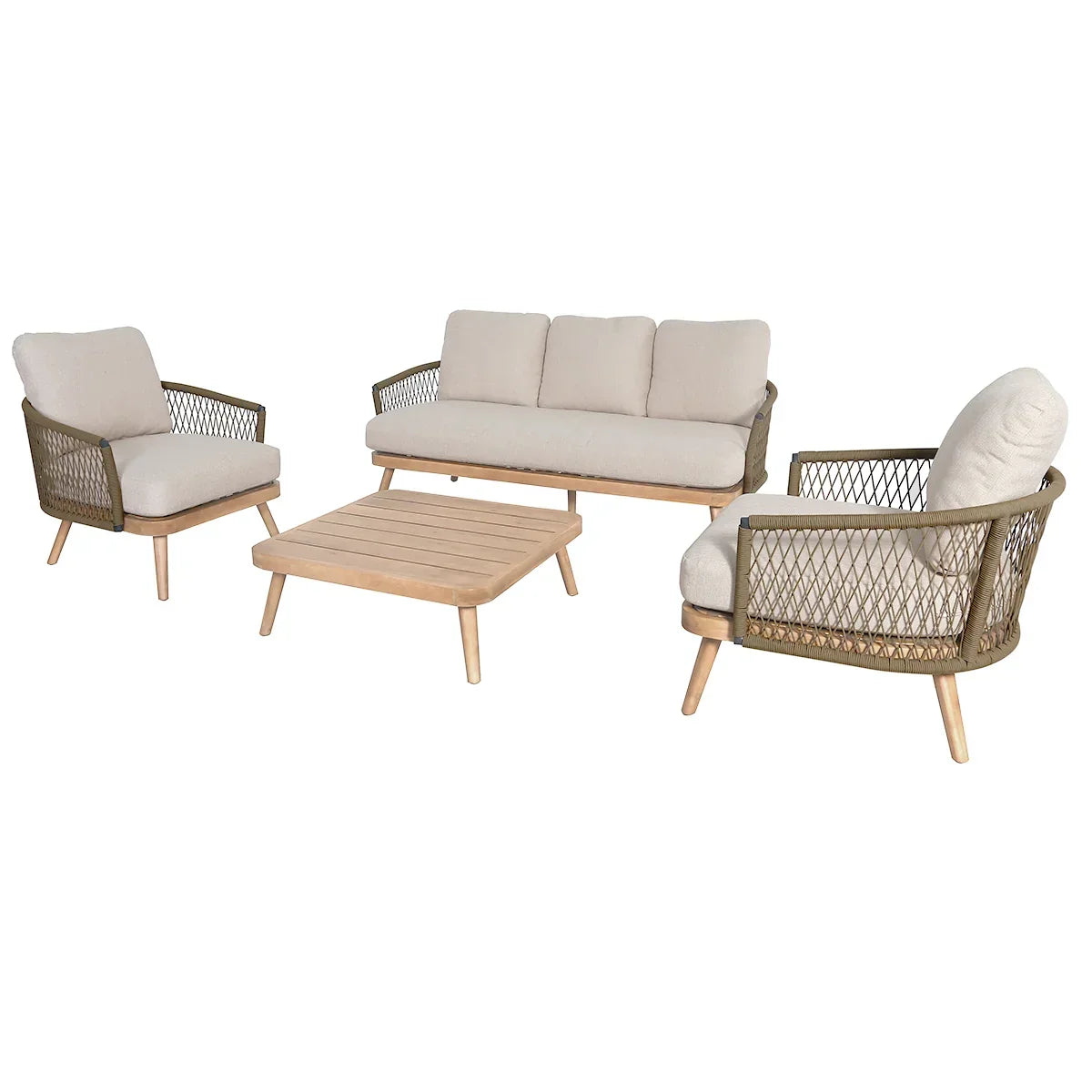 Beige outdoor sofa set with two armchairs and wooden coffee table, angled front view