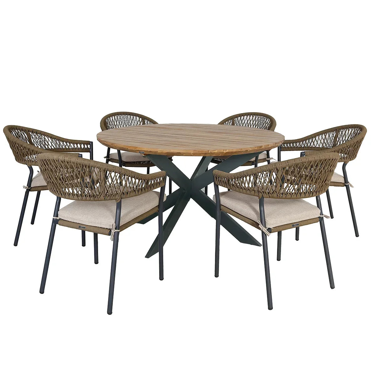Round wooden dining table set with six rattan chairs and beige cushions
