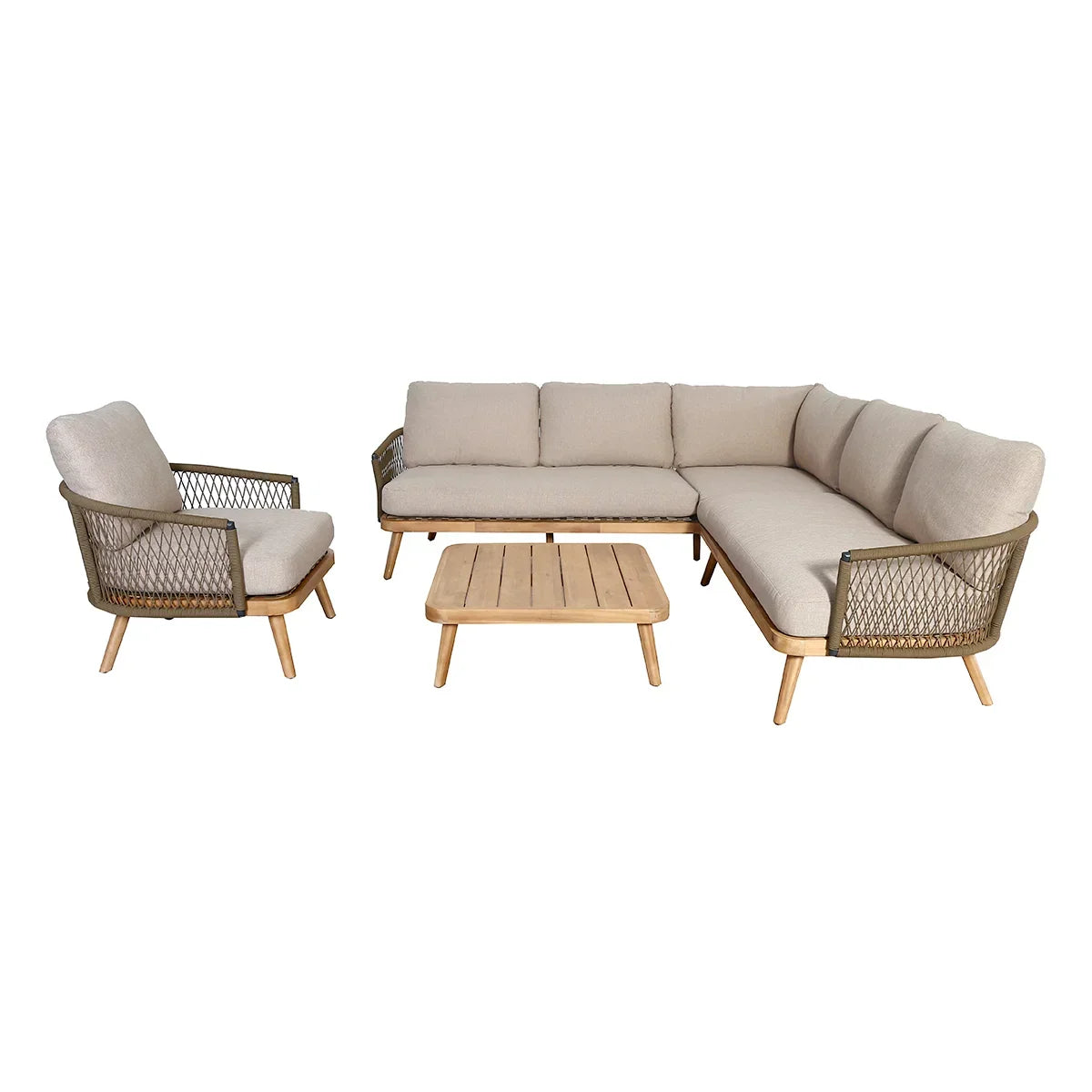 Beige outdoor corner sofa set with armchair and wooden coffee table, rope frame detail