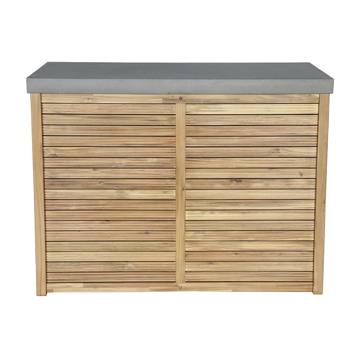 Slatted wood sideboard with grey cement top for indoor or outdoor furniture storage